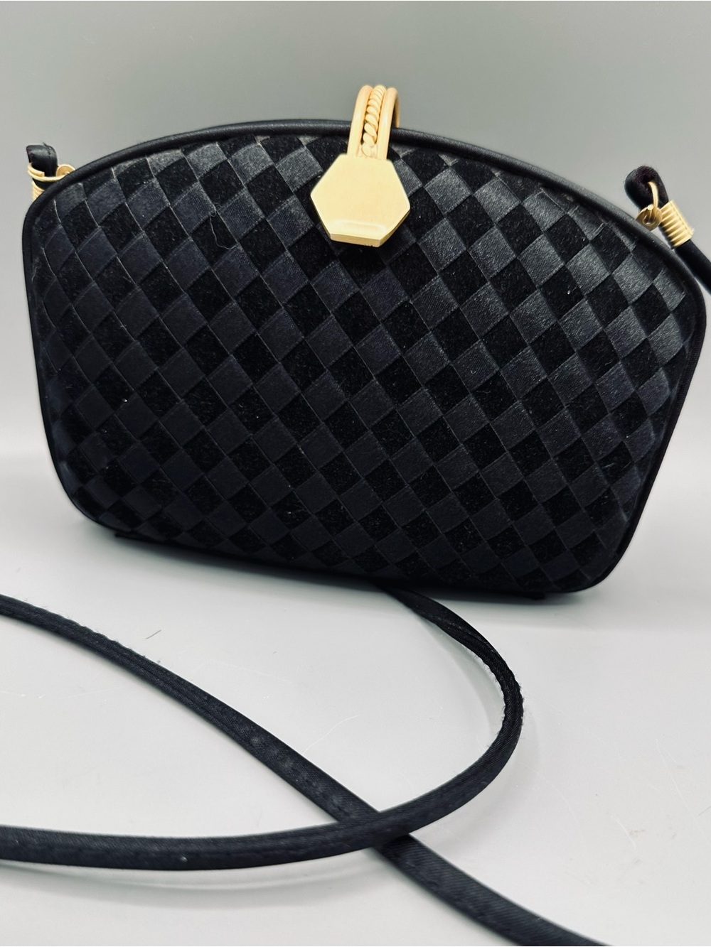Vintage Liseme NYBlack Satin Woven Evening Bag Crossbody Purse Gold Tone Accents